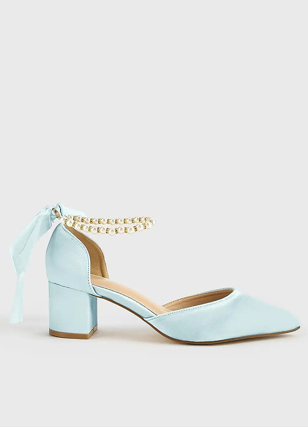 front Matching Color Matte Satin Pearl and Bow Pointed Toe Block Heels