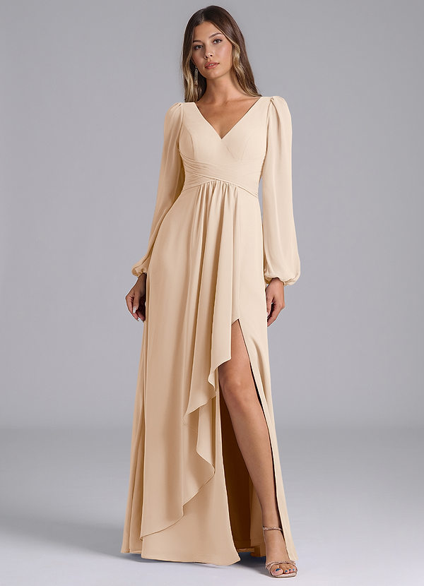 Azazie Liah Bridesmaid Dresses White Alabaster A-Line Long Sleeve Chiffon Dress image1
