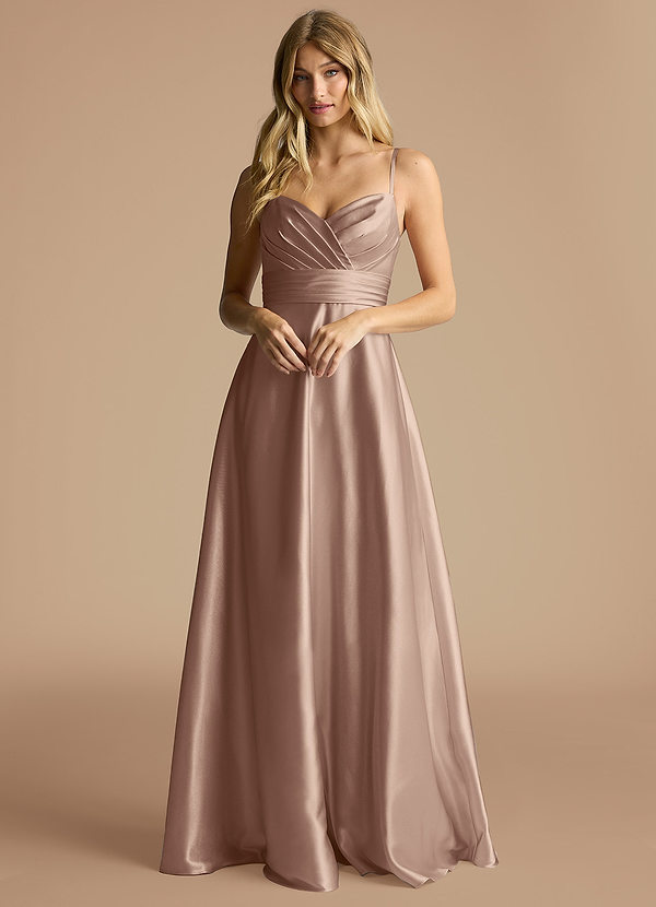 Azazie Oliana Abiti da Damigella Abito A-Line in Raso Metallizzato Scollo a Cuore Taupe image1