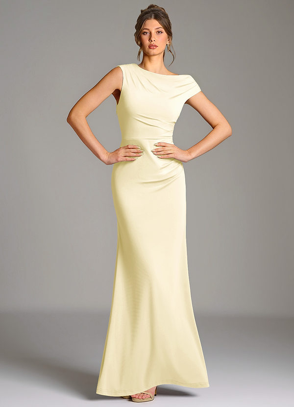 Azazie Nazanin Robes de demoiselle d'honneur Robe Sirène en Jersey extensible de qualité supérieure Épaule décolletée Sorbet Citron image1