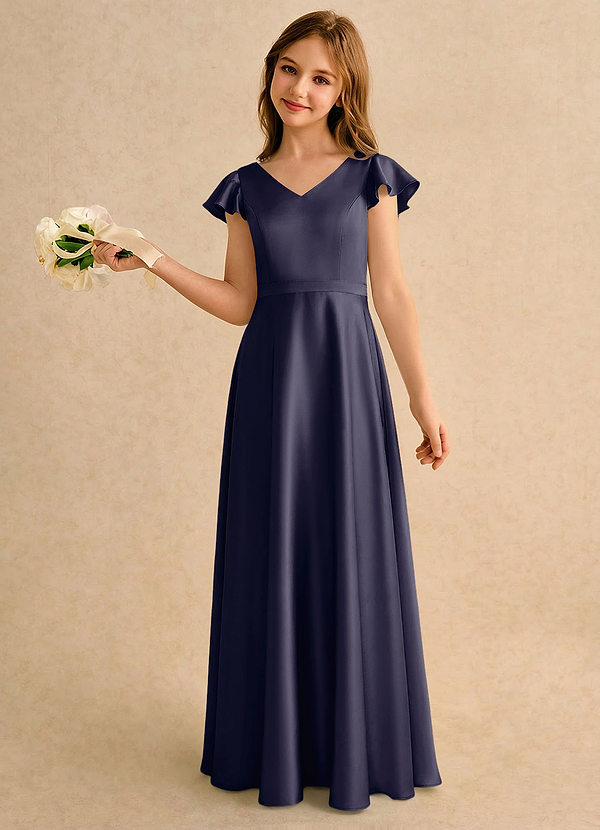 Azazie Nari Girls Formal Sukienki dla dziewczynek sypiących kwiaty Linia A z rękawami Satyna elastyczna Długość podłogi Sukienka image1