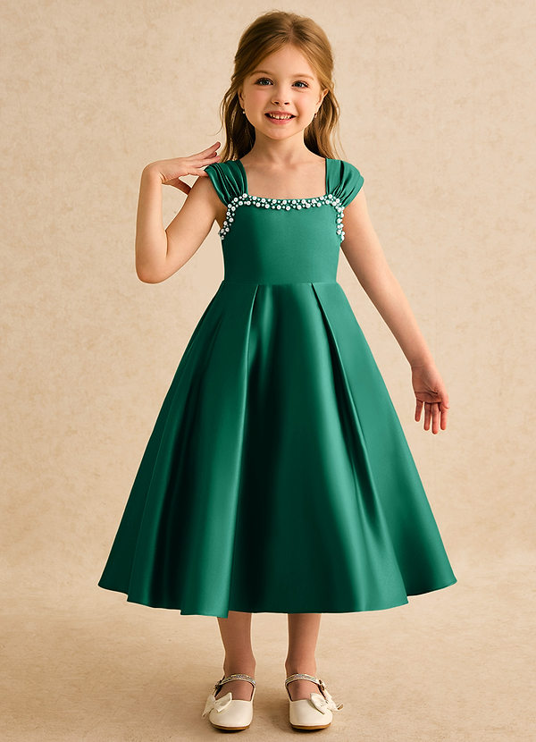 Azazie Yosemite Flower Girl Dresses Emerald Ball-Gown Sweetheart Neckline Matte Satin Dress image1