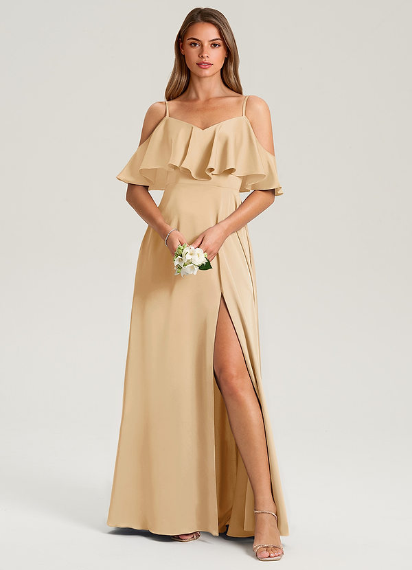 Azazie Jean Bridesmaid Dresses Gold A-Line Off the Shoulder Stretch Satin Dress image1