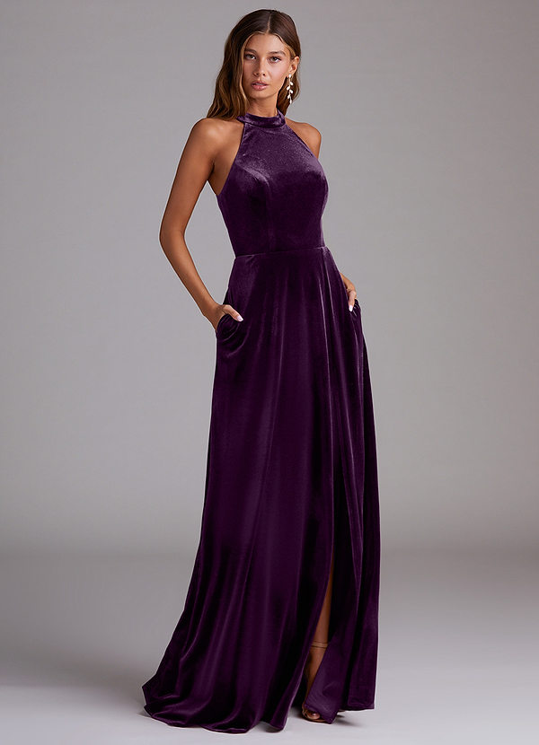 Azazie Larice Bridesmaid Dresses Grape A-Line with Pockets Velvet Dress image1