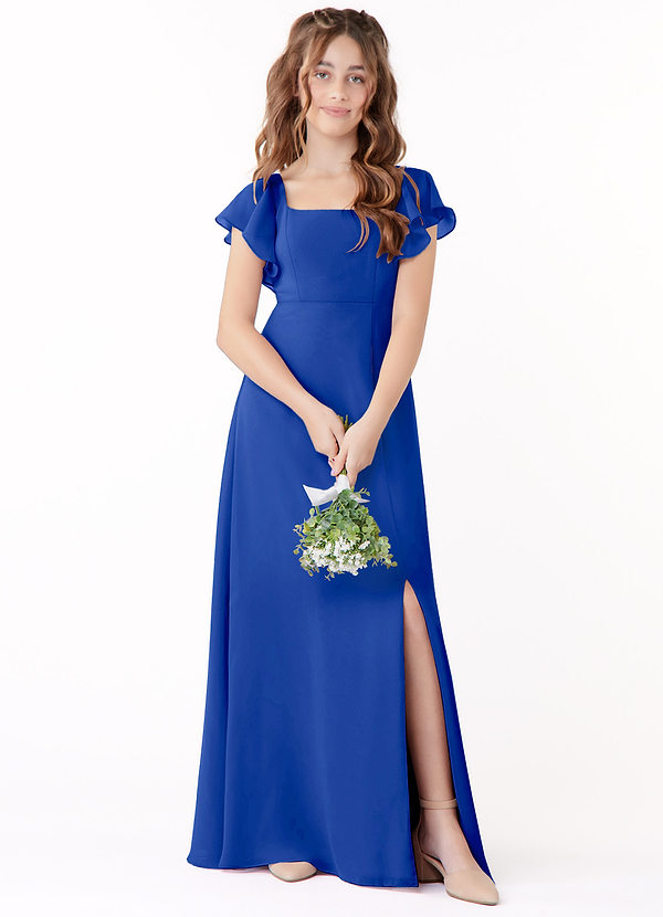 Azazie Bondi Junior Royal Blue A-Line Bow Chiffon Dress image1