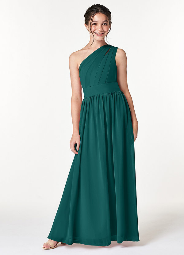 Azazie Molly Junior A-Linie Plissee Chiffon Kleid Pfau image1