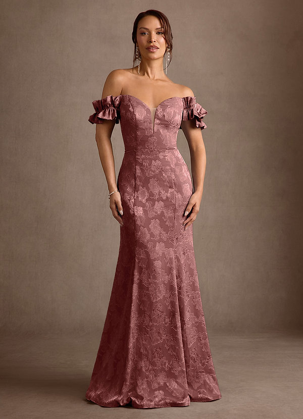 Azazie Allison Klänningar för brudmamma Klänning Sjöjungfru i Blommig Utbrändhet Off the shoulder Desert Rose image1