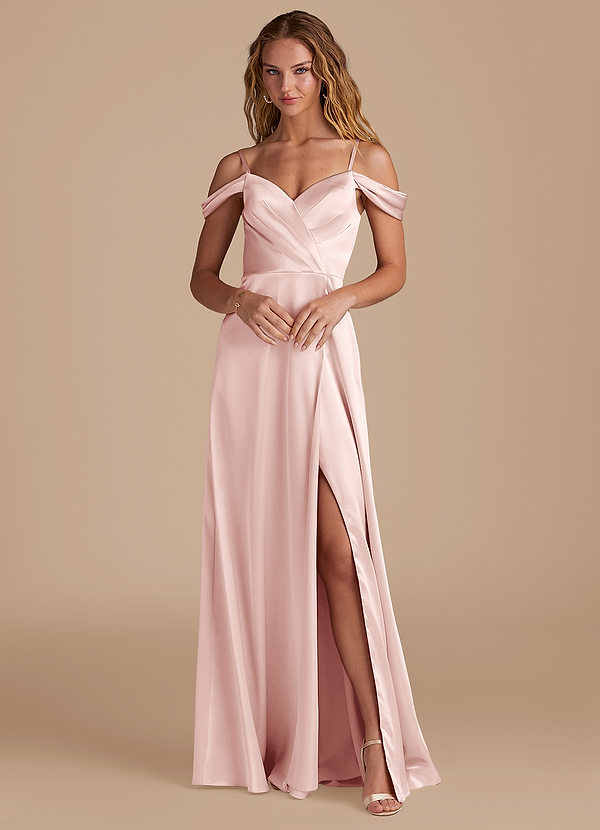 Azazie Ocean Robes de demoiselle d'honneur Robe Trapèze en Satiné métallisé Épaule décolletée Rose Pâle image1