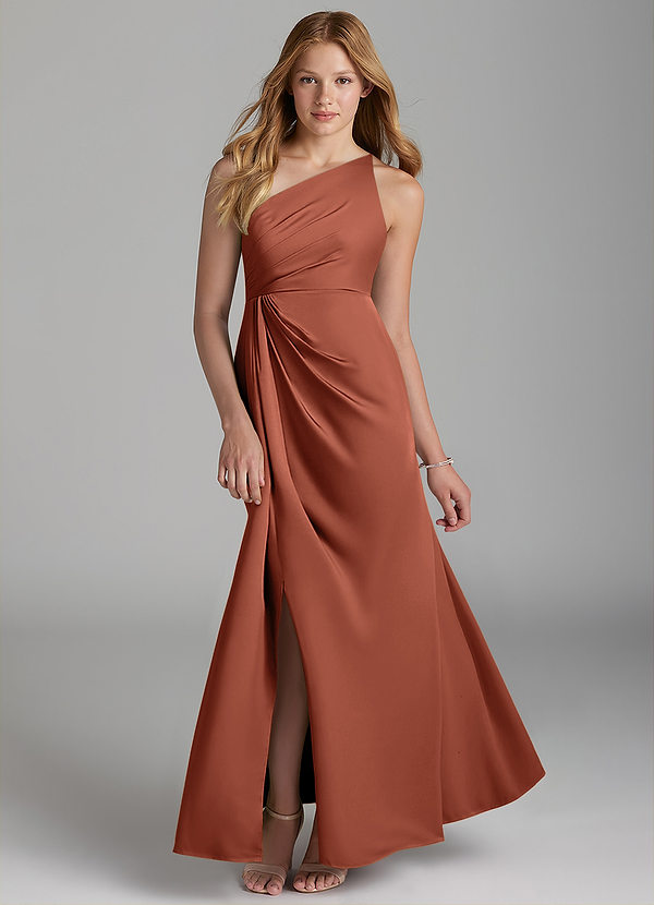 Azazie Mika Junior Robe Trapèze en Satin extensible Plissée Argile image1