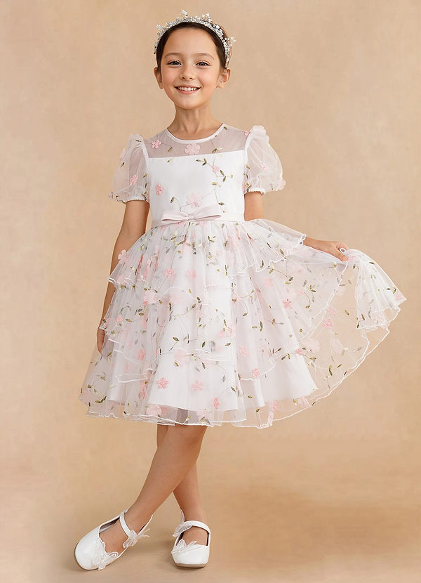 Azazie Bon Bon Flower Girl Dresses Blushing Pink A-Line Pleated Matte Satin Dress image1