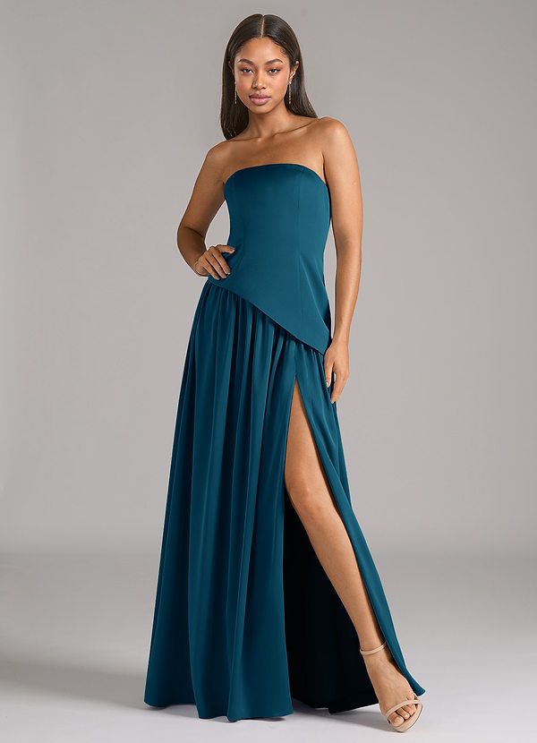 Azazie Adeline Vestidos Dama de Honor Vestido de Azul Tinta de Satén Elástico de Corte en A Convertible con Sin tirantes image1