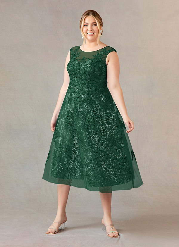 Azazie Flynn Mother of the Brides Dresses Dark Green A-Line Boatneck Lace Tulle Dress image1