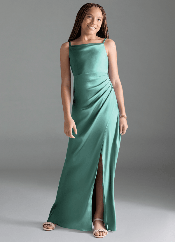 Azazie Leonis Junior Aqua A-Line Pleated Stretch Satin Dress image1