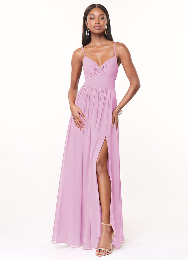 Azazie Zeya Bridesmaid Dresses Candy Pink A-Line V-Neck Pleated Chiffon Dress image1