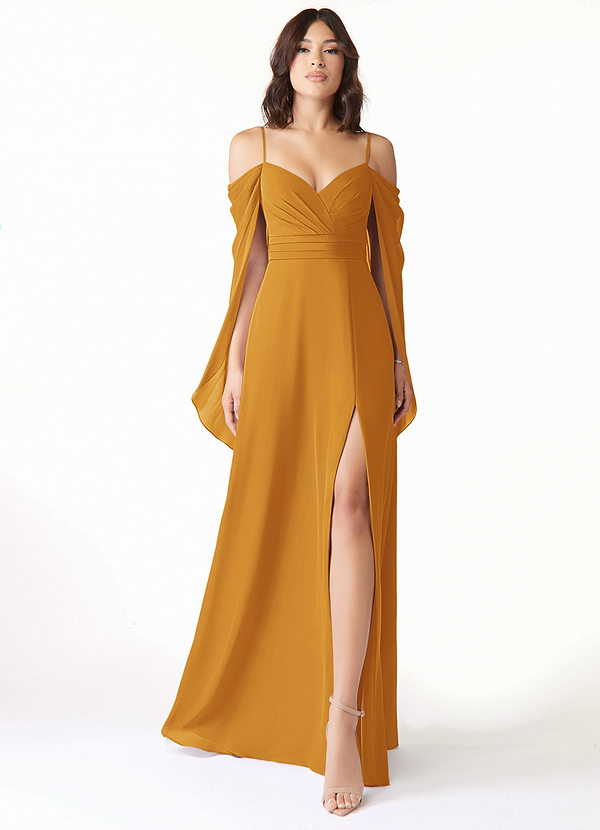 Azazie Cienna Bridesmaid Dresses Butterscotch A-Line Off the Shoulder Chiffon Dress image1