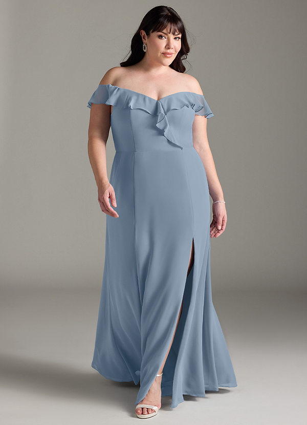 Azazie Sophie Bruidsmeisjes Jurken Converteerbaar Jurk van Chiffon met A-Lijn Off the Shoulder Stoffig Blauw image1