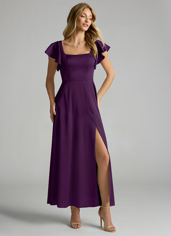 Azazie Bondi 신부 들러리 드레스 A라인 셔링 스트레치 새틴 발목 길이 드레스 image1