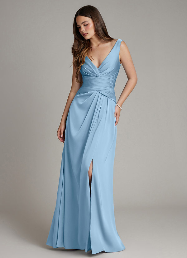 Azazie Pauline Suknie dla druhen Linia A Pofałdowany Satyna elastyczna Do ziemi Sukienka image1