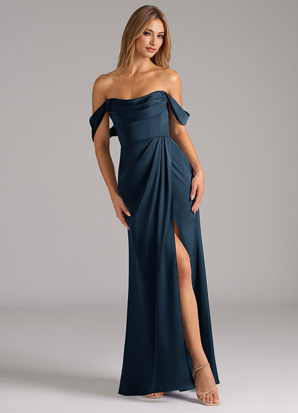 Azazie Johana Brudtärneklänningar Klänning av Sjöjungfru i Stretch Satin Off the shoulder Mörk Marinblå Konvertibel image1