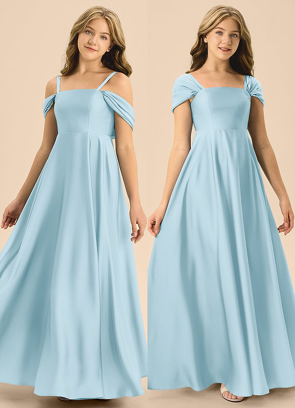 Azazie Rowena Junior Sky Blue A-Line Bow Stretch Satin Dress image1