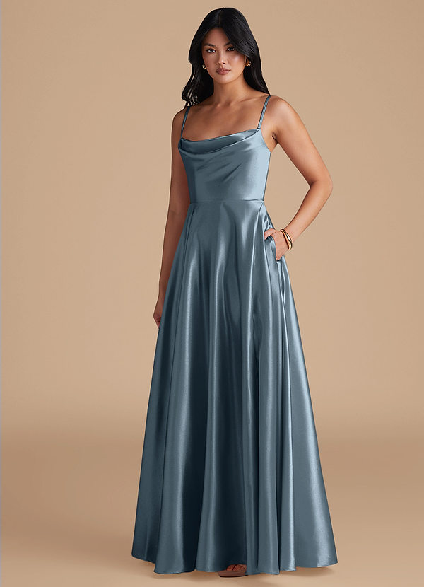 Azazie Elle Bridesmaid Dresses Twilight A-Line with Pockets Metallic Satin Dress image1