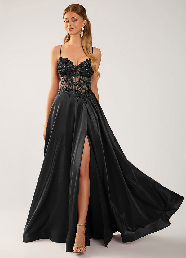 Isoldemark Black Beading Sequin Embroidery Satin Prom Dress image1