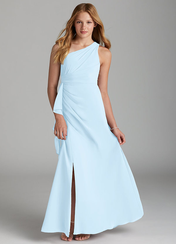 Azazie Maive Junior A라인 주름진 쉬폰 플로어 길이 주니어 신부 들러리 드레스 image1