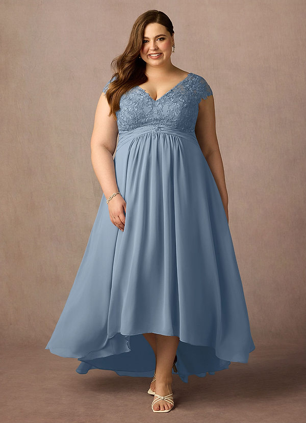 Azazie Irmeli Robe Mère de la Mariée & du Marié Robe Trapèze en Mousseline de soie Dentelle Bleu Poussiéreux image1