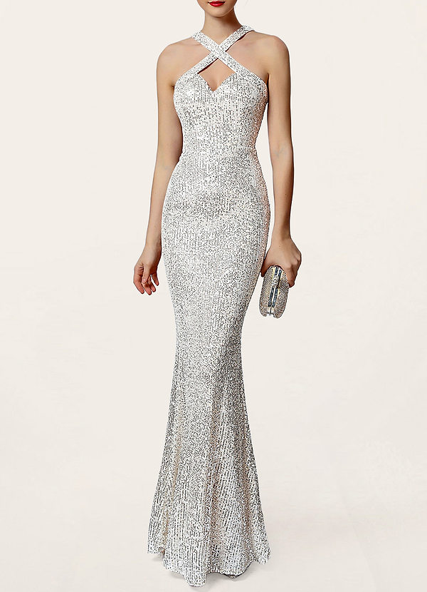 front Keep It Sparkly Silver Sequin Halter Maxi Dress