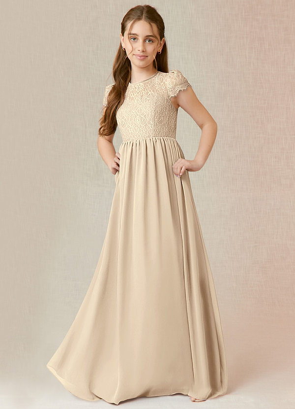 Azazie Delevingne Junior A-Linie Spitze Chiffon Kleid Champagner image1