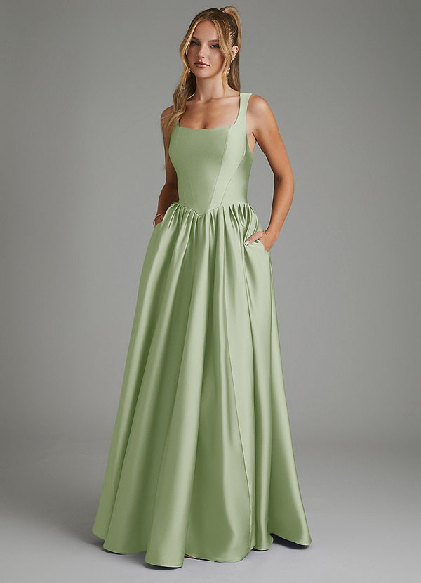Azazie Nevaeh Bridesmaid Dresses Dusty Sage A-Line Corset Stretch Satin Dress image1