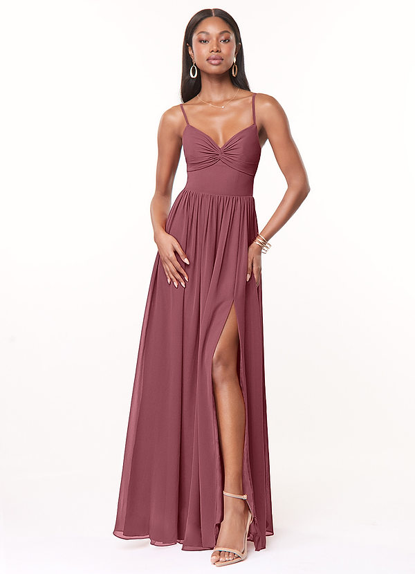 Azazie Zeya Brautjungfernkleider A-Linie V-Hals Gefaltet Chiffon Kleid Wüstenrose image1