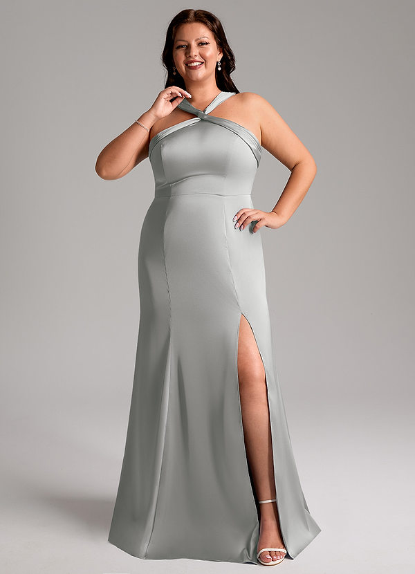 Azazie Rue Robes Demoiselle d'honneur Robe Trapèze en Satin extensible Plissée Argent image1