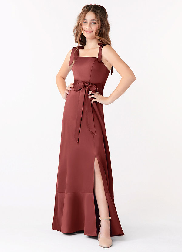 Barbara Junior Terracotta A-Line Bow Stretch Satin Dress image1