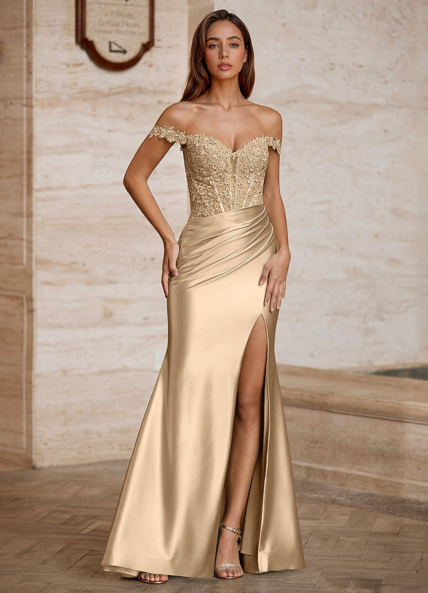 Wrentino Champagne Embroidered Appliqué Satin Prom Dress image1