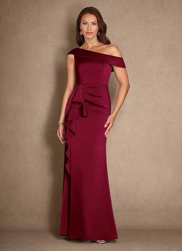 Azazie Hamptons Mother of the Brides Dresses Burgundy A-Line Pleated Stretch Satin Dress image1