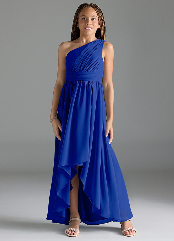 Azazie Mathilda Junior Robe Trapèze en Mousseline de soie Plissée Bleu Roi image1