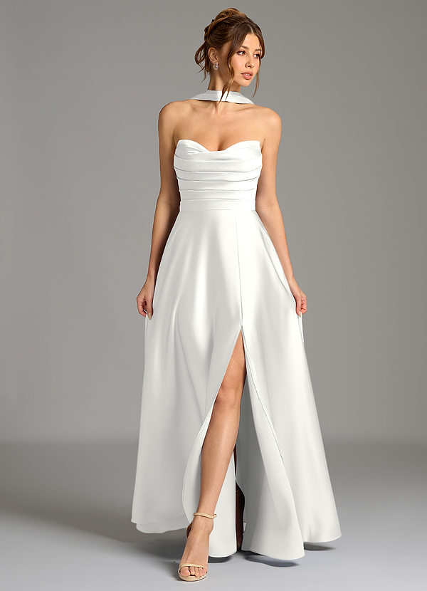 Azazie Ayla Bridesmaid Dresses White A-Line Corset Stretch Satin Dress image1