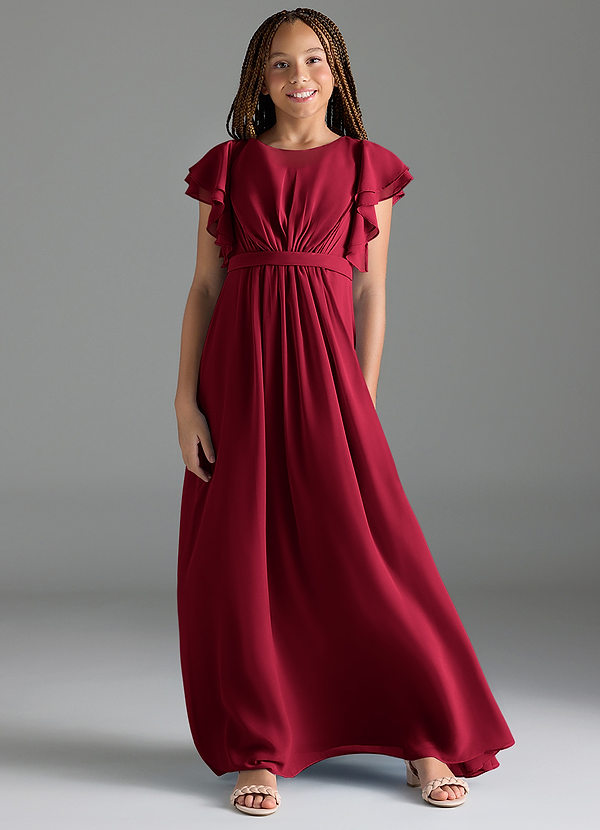 Azazie Daphne Junior Robe Trapèze en Mousseline de soie Plissée Bourgogne image1