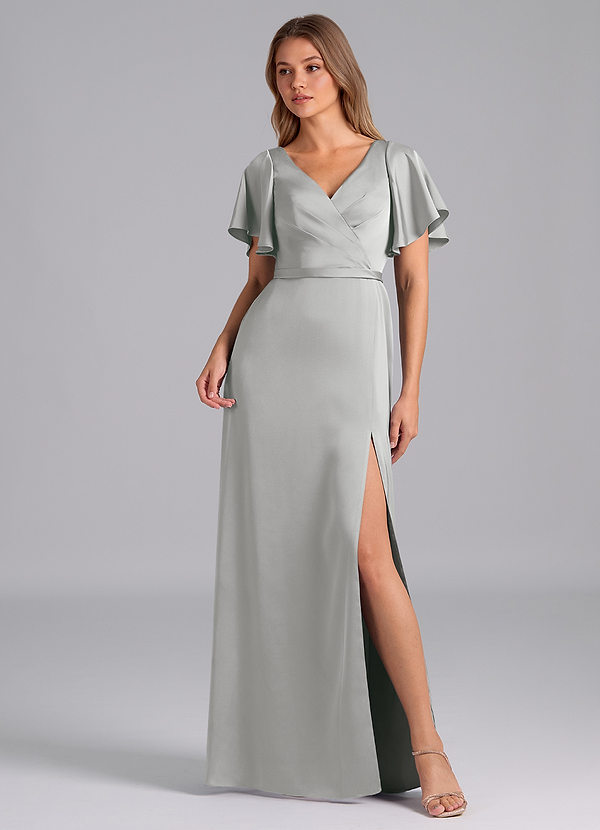 Azazie Ambrosia Bridesmaid Dresses Silver A-Line Pleated Stretch Satin Dress image1