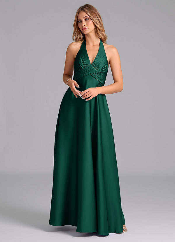 Azazie Tessie Bridesmaid Dresses Emerald A-Line Pleated Stretch Satin Dress image1