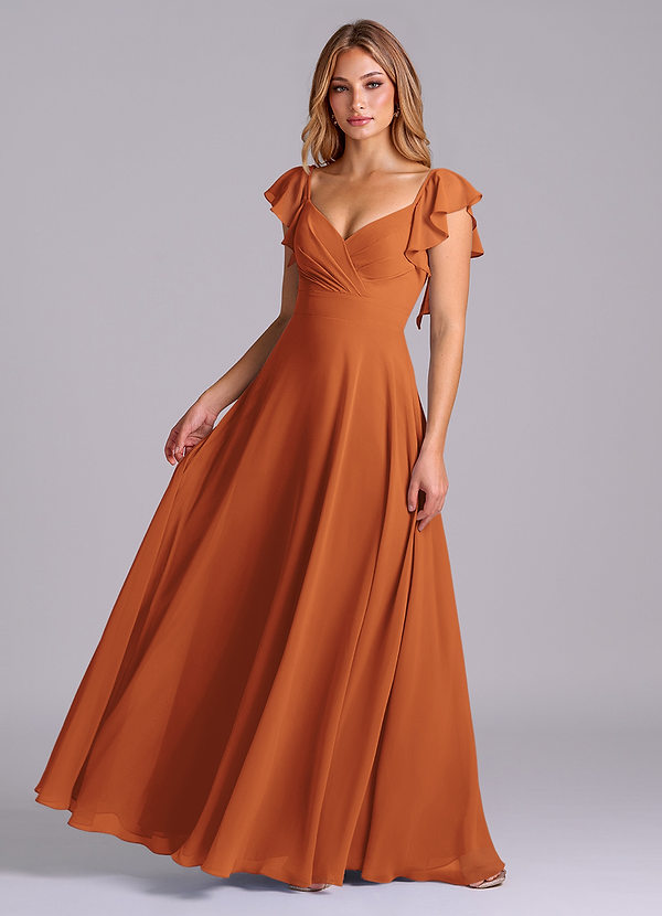 Azazie Leilani Bridesmaid Dresses Cinnamon A-Line Pleated Chiffon Dress image1