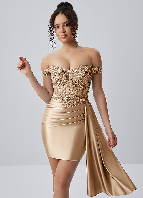 Oralien Champagne Beading Sequin Embroidery Stretch Satin Ruffles Corset Lace-Up Mini Dress image1