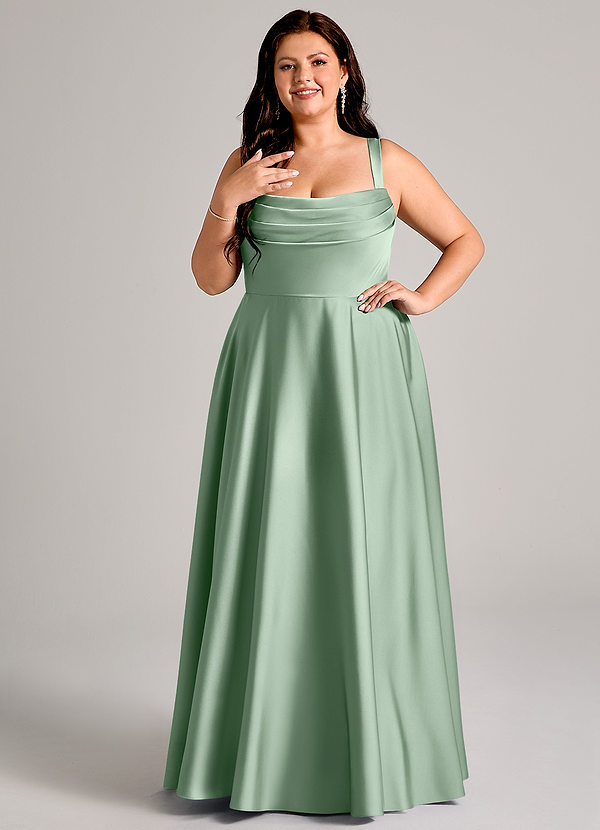 Azazie Shaude Bridesmaid Dresses Agave A-Line Pleated Stretch Satin Dress image1