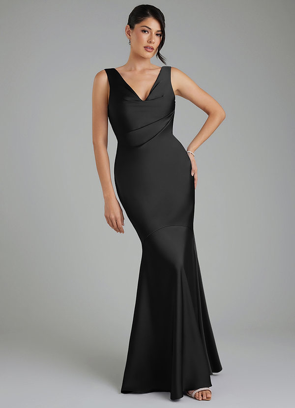 Azazie Monica Bridesmaid Dresses Black Mermaid Pleated Stretch Satin Dress image1
