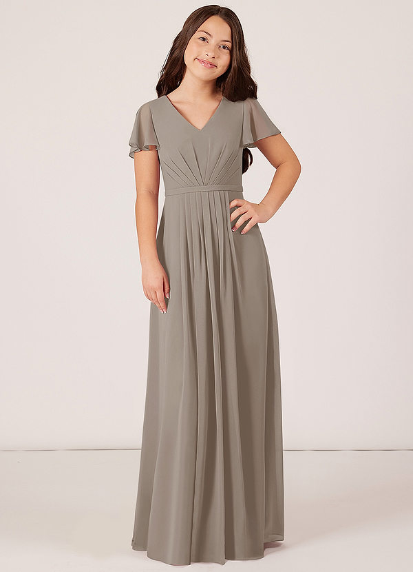 Azazie Peony Junior Taupe A-Line Pleated Chiffon Dress image1