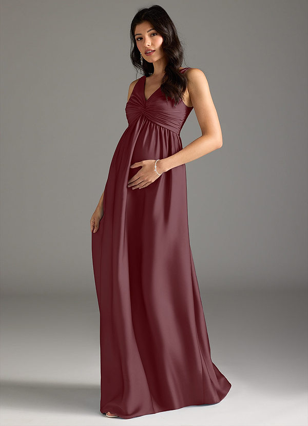 Azazie Yetta Vestidos de dama de honor de maternidad Vestido de Corte En A Plisado Hasta el suelo Satén Elástico image1