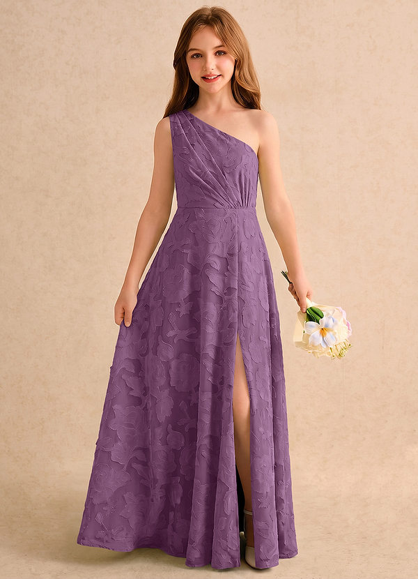 Azazie Pudles Girls Formal Robes de cortège enfant Robe Trapèze en Blumen-Burnout Asymétrique Glycine image1