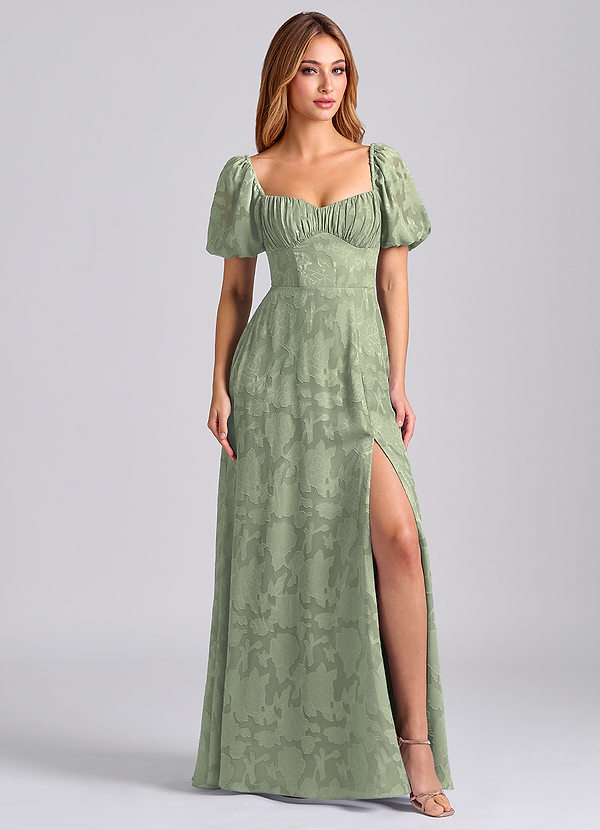 Azazie Mirian 신부 들러리 드레스 A라인 스윗하트 네크라인 플로럴 번아웃 바닥 길이 드레스 image1