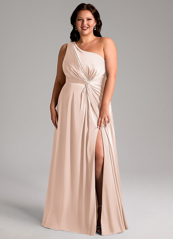 Azazie Brooke Bridesmaid Dresses Blushing Pink A-Line One Shoulder Stretch Satin Dress image1
